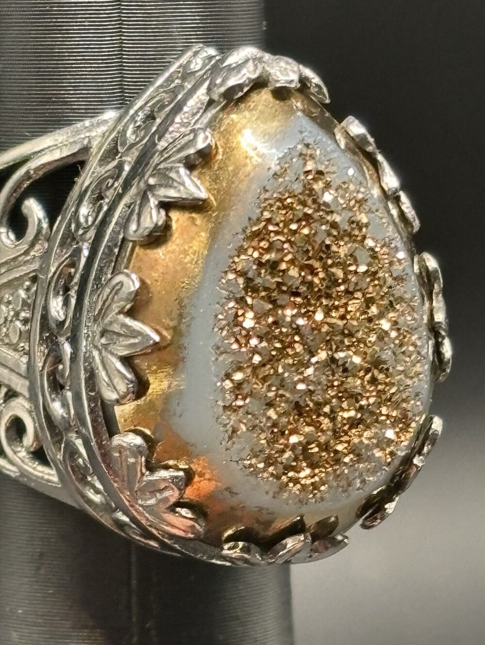 Ornate 316 Stainless Steel Druzy Agate Statement Ring Chunky Baroque Gothic 7.5